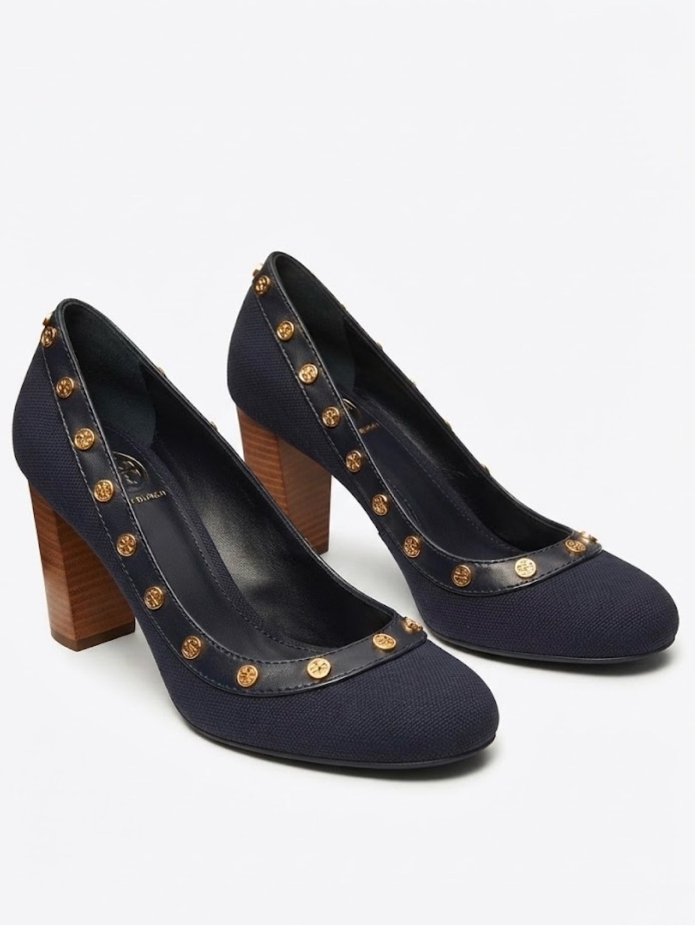 Tory Burch Derek Black Canvas Gold Logo Button Block Heel Pumps Size 7M